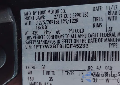 2017 Ford F-250 Xlt из США, поврежденный, VIN 1FT7W2BT8HEF45233